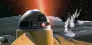 R2-D2 shrieks in anticipation of a particle weapon blast in Episode I.  Click on the image above to watch a QuickTime movie clip.