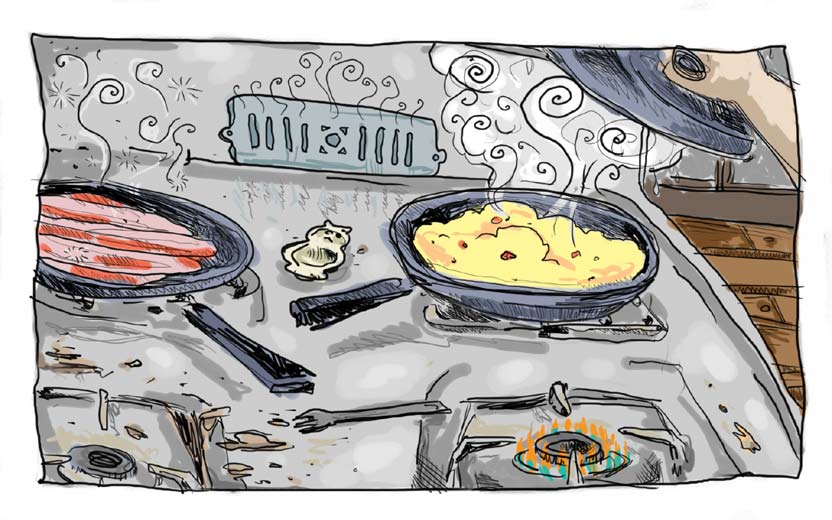 17 Drawings: Illustration 4: Cooking Scrambled Eggs and Frying Bacon for Breakfast