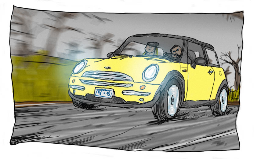 17 Drawings: Illustration 8: Driving the Yellow Mini Cooper to Barrie