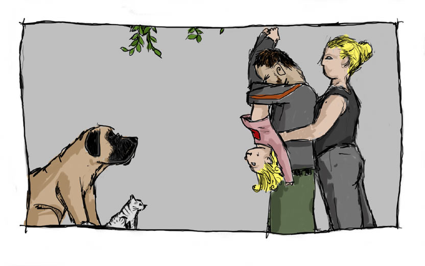 17 Drawings: Illustration 14: Dog and Cat Watch as We Turn Ingrid Upsidown at the Old Schoolhouse