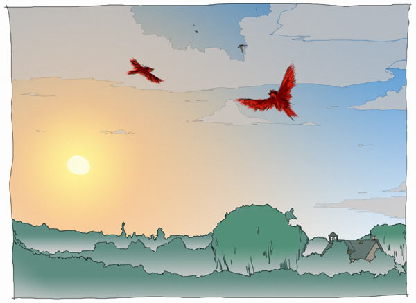 Goodbye to Kitty: Illustration 12: Birds Flying into the Sunset over the Old Schoolhouse