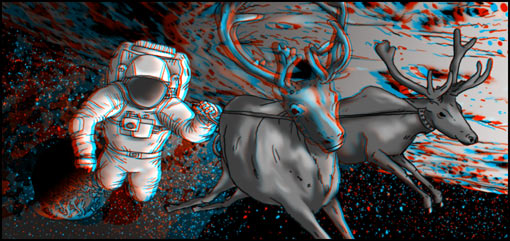One Small Step for Santa, a science-fiction Christmas story by Cheeseburger Brown; anaglyphic 3D illustration by Matthew Hemming